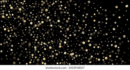 Gold Confetti Shower on Black. VIP Gold, Silver Glitter Winter Confetti. Golden Circles, Falling Christmas Bokeh. Premium New Year Christmas Celebration Frame. Golden Circles, Christmas Bokeh