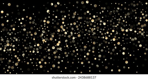 Gold Confetti Shower on Black. Luxury New Year Christmas Celebration Texture. Golden Oil Bubbles, Omega 3 Vitamins. Rich Gold, Silver Foil Winter Confetti. Golden Omega 3 Oil Bubbles