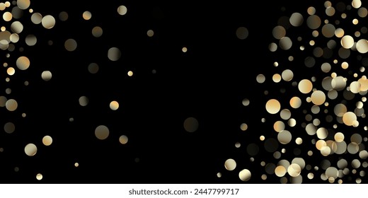 Gold Confetti Shower on Black. Glamour New Year Christmas Celebration Texture. Rich Gold, Silver Bokeh Winter Confetti. Golden Circles, Falling Christmas Bokeh. Golden Circles, Christmas Bokeh