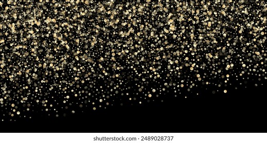 Gold Confetti Shower on Black. Glamour New Year Christmas Celebration Frame. Rich Gold, Silver Foil Winter Confetti. Golden Circles, Falling Christmas Bokeh. Golden Circles, Christmas Bokeh