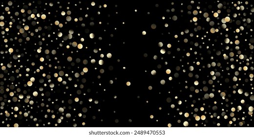 Gold Confetti Shower on Black. Golden Sequins, Falling Down Xmas Stars. Premium New Year Christmas Celebration Border. Rich Gold, Silver Sparkles Winter Confetti. Golden Sequins, Falling Stars