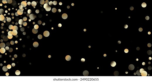 Ducha de confeti dorado sobre negro. VIP Gold, Confeti de invierno con brillo plateado. Círculos Dorados, Navidades Caídas Bokeh. Marco elegante de la celebración de Navidad del año Nuevo. Círculos dorados, Navidades Bokeh