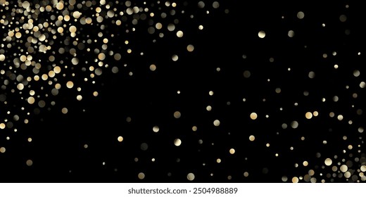 Ducha de confeti dorado en negro. Guirnalda de celebración de Navidad de año Nuevo de lujo. Círculos dorados, Navidades caídas Bokeh. Rico oro, plata brillante confeti de invierno. Círculos dorados, Navidades Bokeh