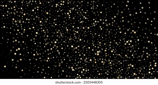 Ducha de confeti dorado en negro. Fondo de celebración de Navidad de año Nuevo de glamour. Círculos dorados, Navidades caídas Bokeh. Rico oro, papel de plata confeti de invierno. Círculos dorados, Navidades Bokeh