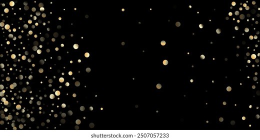 Ducha de confeti dorado en negro. Círculos dorados, Navidades caídas Bokeh. VIP Oro, Plata Bokeh Confeti de Invierno. Costosa guirnalda de celebración de Navidad de año Nuevo. Círculos dorados, Navidades Bokeh