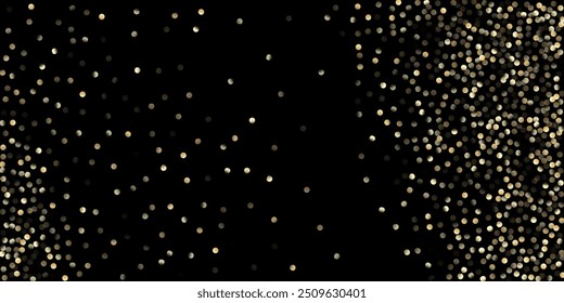 Gold Confetti Shower on Black. Golden Sequins, Falling Down Xmas Stars. VIP Gold, Silver Foil Winter Confetti. Sparkling New Year Christmas Celebration Decoration. Golden Sequins, Falling Stars