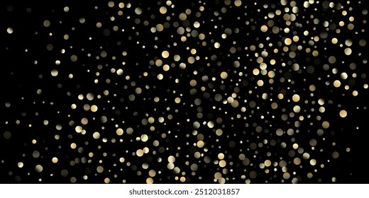 Ducha de confeti dorado en negro. Lentejuelas doradas, cayendo estrellas de Navidad. Caro marco de celebración de Navidad de año Nuevo. Rico oro, plata Bokeh invierno confeti. Lentejuelas doradas, estrellas caídas