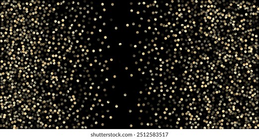 Ducha de confeti dorado en negro. Círculos dorados, Navidades caídas Bokeh. Fondo de celebración de Navidad de año Nuevo de glamour. Rico oro, plata Bokeh invierno confeti. Círculos dorados, Navidades Bokeh