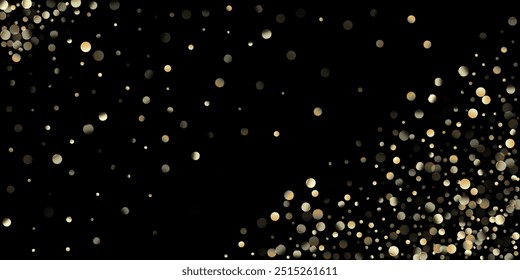 Gold Confetti Shower on Black. Golden Sequins, Falling Down Xmas Stars. Rich Gold, Silver Sparkles Winter Confetti. Premium New Year Christmas Celebration Border. Golden Sequins, Falling Stars