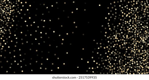 Ducha de confeti dorado en negro. VIP Oro, Plata Brillos Confeti de Invierno. Patrón de celebración de Navidad de año Nuevo de lujo. Círculos dorados, Navidades caídas Bokeh. Círculos dorados, Navidades Bokeh