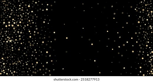 Ducha de confeti dorado en negro. Rico oro, papel de plata confeti de invierno. Fondo elegante de la celebración de la Navidad del año Nuevo. Burbujas de aceite dorado, vitaminas Omega 3. Burbujas de aceite de oro Omega 3