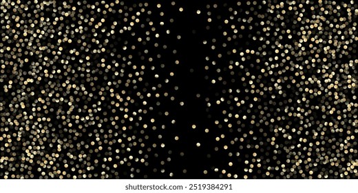 Gold Confetti Shower on Black. Golden Sequins, Falling Down Xmas Stars. Elegant New Year Christmas Celebration Pattern. VIP Gold, Silver Sparkles Winter Confetti. Golden Sequins, Falling Stars