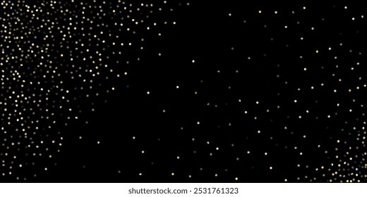 Gold Confetti Shower on Black. Premium New Year Christmas Celebration Background. VIP Gold, Silver Sparkles Winter Confetti. Golden Sequins, Falling Down Xmas Stars. Golden Sequins, Falling Stars