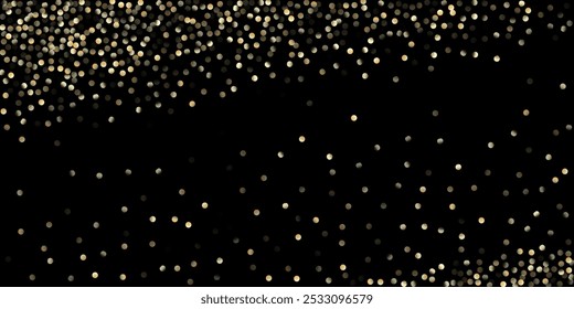 Ducha de confeti dorado en negro. Círculos dorados, Navidades caídas Bokeh. Frontera de la celebración de Navidad del año Nuevo brillante. VIP Oro, Plata Brillo Confeti de Invierno. Círculos dorados, Navidades Bokeh