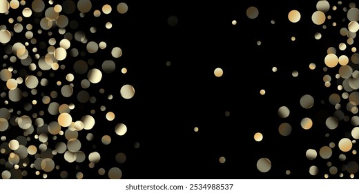 Ducha de confeti dorado en negro. Frontera elegante de la celebración de la Navidad del año Nuevo. Burbujas de aceite dorado, vitaminas Omega 3. Rico oro, papel de plata confeti de invierno. Burbujas de aceite de oro Omega 3