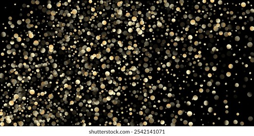 Ducha de confeti dorado en negro. VIP Oro, Plata Bokeh Confeti de Invierno. Patrón de celebración de Navidad de año Nuevo de glamour. Lentejuelas doradas, cayendo estrellas de Navidad. Lentejuelas doradas, estrellas caídas