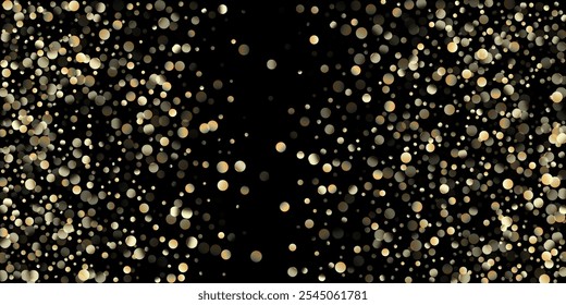 Ducha de confeti dorado en negro. Burbujas de aceite dorado, vitaminas Omega 3. VIP Oro, Plata Bokeh Confeti de Invierno. Fondo brillante de la celebración de Navidad del año Nuevo. Burbujas de aceite de oro Omega 3