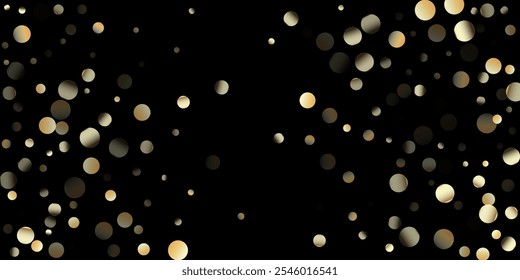 Ducha de confeti dorado en negro. Rico oro, plata Bokeh invierno confeti. Círculos dorados, Navidades caídas Bokeh. Patrón de celebración de Navidad de año Nuevo de Premium. Círculos dorados, Navidades Bokeh