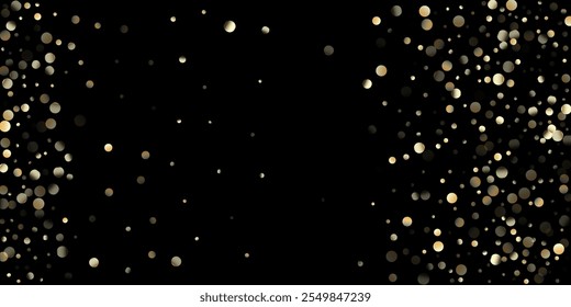 Ducha de confeti dorado en negro. VIP oro, papel de plata confeti de invierno. Círculos dorados, Navidades caídas Bokeh. Patrón elegante de la celebración de la Navidad del año Nuevo. Círculos dorados, Navidades Bokeh