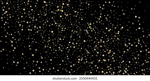 Ducha de confeti dorado en negro. Marco de celebración de Navidad del año Nuevo de Premium. Círculos dorados, Navidades caídas Bokeh. VIP Oro, Plata Lentejuelas Confeti de Invierno. Círculos dorados, Navidades Bokeh