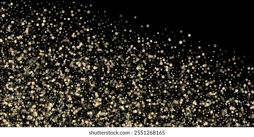 Ducha de confeti dorado en negro. VIP Oro, Plata Brillo Confeti de Invierno. Círculos dorados, Navidades caídas Bokeh. Fondo costoso de la celebración de Navidad del año Nuevo. Círculos dorados, Navidades Bokeh