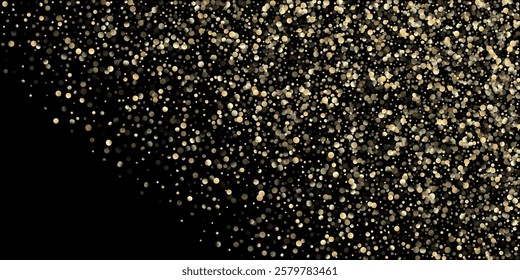 Gold Confetti Shower on Black. Golden Oil Bubbles, Omega 3 Vitamins. Rich Gold, Silver Sequins Winter Confetti. Elegant New Year Christmas Celebration Frame. Golden Omega 3 Oil Bubbles