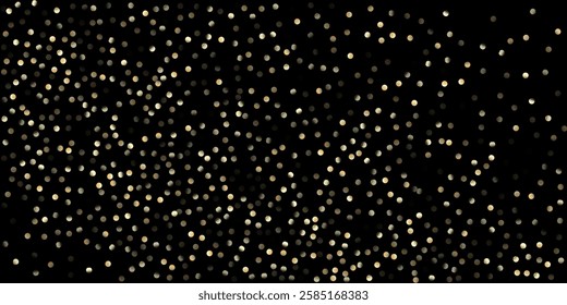 Gold Confetti Shower on Black. Elegant New Year Christmas Celebration Decoration. Golden Oil Bubbles, Omega 3 Vitamins. Rich Gold, Silver Sparkles Winter Confetti. Golden Omega 3 Oil Bubbles