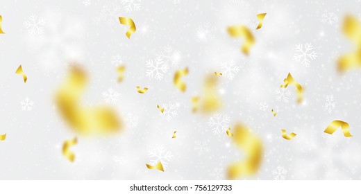 Gold confetti, snowflakes falling, vector illustration. White cold flake elements on white background. Snowflakes, celebration decorations flying in the air. Christmas, New Year design for banners.