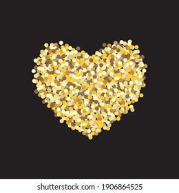 Gold confetti splash in a heart shape on black background. Cute vector design for wedding invitation, birthday card, Valentine's day, Mother's day, anniversary celebration card, art print.
