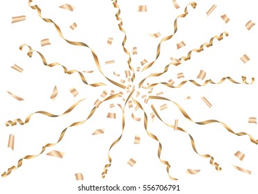 Gold confetti and streamer on white background