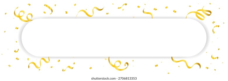 Gold Confetti and Streamer Ribbon Falling on Whiter Background with frame. Festive Celebrations. Vector Illustration