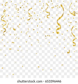 Gold Confetti And Streamer Ribbon Isolated On Transparent Background. Celebration. Vector Illustration