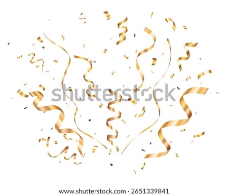 Gold confetti streamers and ribbon background, isolated on white background