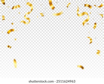 Gold confetti template. Shiny ribbons falling on abstract background. Design template for party celebration and birthday banner background, confetti,