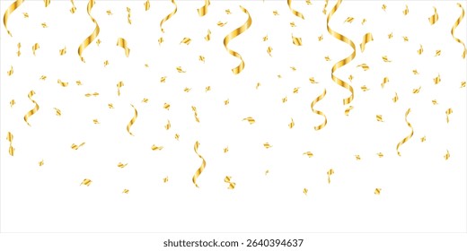 Gold confetti template. Shiny ribbons falling on abstract background. Design template for party celebration and birthday banner background, confetti, serpentine, tinsel, ribbon streamers falling