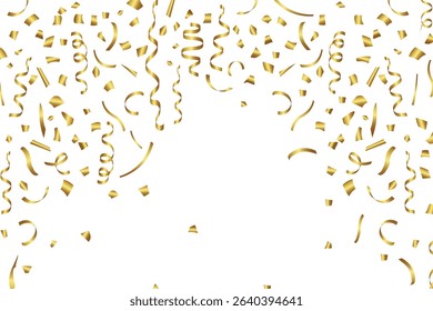 Gold confetti template. Shiny ribbons falling on abstract background. Design template for party celebration and birthday banner background, confetti, serpentine, tinsel, ribbon streamers falling