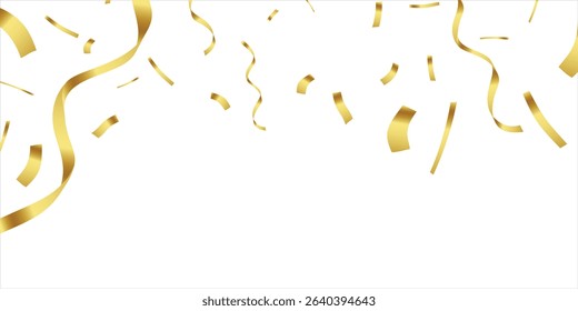 Gold confetti template. Shiny ribbons falling on abstract background. Design template for party celebration and birthday banner background, confetti, serpentine, tinsel, ribbon streamers falling