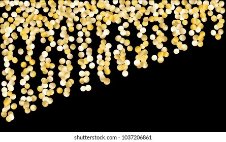 Gold Confetti. Texture with Falling Sparkles on Black Background. Dark Luxury Pattern for Christmas and New Year Decoration, Birthday Invitation, Poster or Greeting Card. Vector Gold Confetti.
