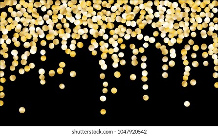 Gold Confetti. Texture with Falling Sparkles on Black Background. Dark Luxury Pattern for Christmas and New Year Decoration, Birthday Invitation, Poster or Greeting Card. Vector Gold Confetti.