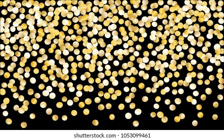 Gold Confetti. Texture with Falling Sparkles on Black Background. Dark Luxury Pattern for Christmas and New Year Decoration, Birthday Invitation, Poster or Greeting Card. Vector Gold Confetti.