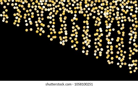 Gold Confetti. Texture with Falling Sparkles on Black Background. Dark Luxury Pattern for Christmas and New Year Decoration, Birthday Invitation, Poster or Greeting Card. Vector Gold Confetti.