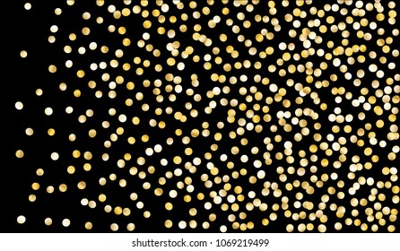 Gold Confetti. Texture with Falling Sparkles on Black Background. Dark Luxury Pattern for Christmas and New Year Decoration, Birthday Invitation, Poster or Greeting Card. Vector Gold Confetti.