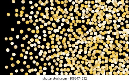 Gold Confetti. Texture with Falling Sparkles on Black Background. Dark Luxury Pattern for Christmas and New Year Decoration, Birthday Invitation, Poster or Greeting Card. Vector Gold Confetti.
