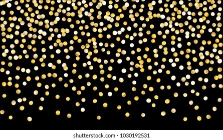 Gold Confetti. Texture with Falling Tinsels on Black Background. Dark Luxury Pattern for Christmas and New Year Decoration, Birthday Invitation, Poster or Greeting Card. Vector Gold Confetti.