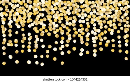 Gold Confetti. Texture with Falling Tinsels on Black Background. Dark Luxury Pattern for Christmas and New Year Decoration, Birthday Invitation, Poster or Greeting Card. Vector Gold Confetti.