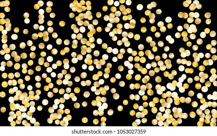 Gold Confetti. Texture with Falling Tinsels on Black Background. Dark Luxury Pattern for Christmas and New Year Decoration, Birthday Invitation, Poster or Greeting Card. Vector Gold Confetti.