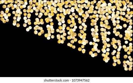 Gold Confetti. Texture with Falling Tinsels on Black Background. Dark Luxury Pattern for Christmas and New Year Decoration, Birthday Invitation, Poster or Greeting Card. Vector Gold Confetti.