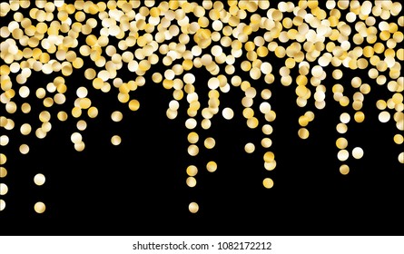 Gold Confetti. Texture with Falling Tinsels on Black Background. Dark Luxury Pattern for Christmas and New Year Decoration, Birthday Invitation, Poster or Greeting Card. Vector Gold Confetti.