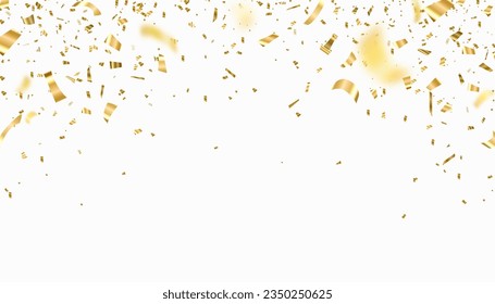 Gold confetti vector background. Falling bright golden festive tinsel. Holiday, festival decoration, flying shiny particles. Birthday celebration, greeting illustration. Place text below. Copy space.