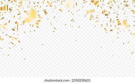 Gold confetti vector background. Falling bright golden festive tinsel. Holiday, festival decoration, flying shiny particles. Birthday celebration, greeting illustration. Place text below. Copy space.